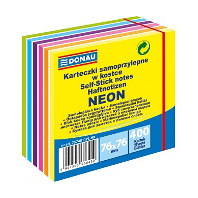 Blok samolepljiv kocka 76x76mm 400L Donau 7574011PL-99 5neon-bela