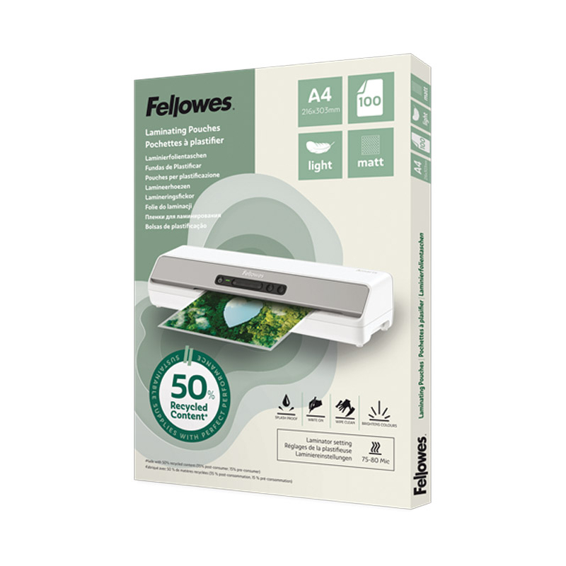 Folija za plastificiranje 80my A4 mat 50% reciklirani materijal pk100 Fellowes 100143435